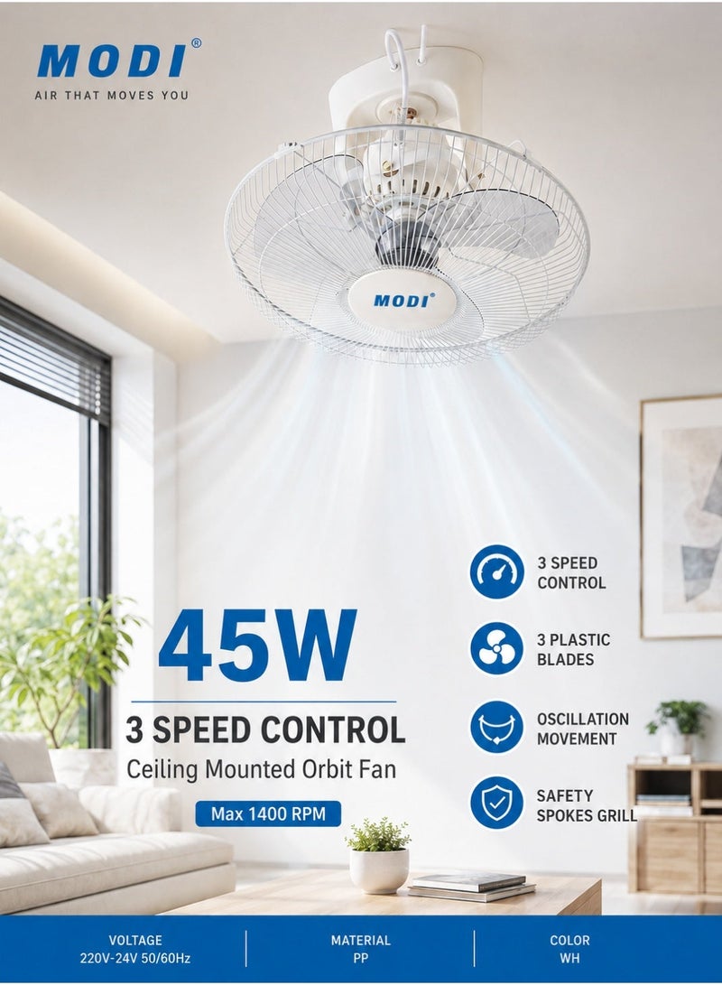MODI Ceiling Mounted Orbit Fan 45W, 16 Inch Cooling Fan With 3 Speed Control, Oscillation Movement, 3 Plastic Blades, Safety Spokes Grill, Max 1400 RPM, White, For Home Office Kitchen Living Room Use - Image 1