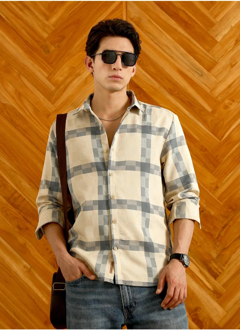 كامبوس سوترا Men's Beige And Blue Checkered Cotton Blend Full Sleeve Shirt