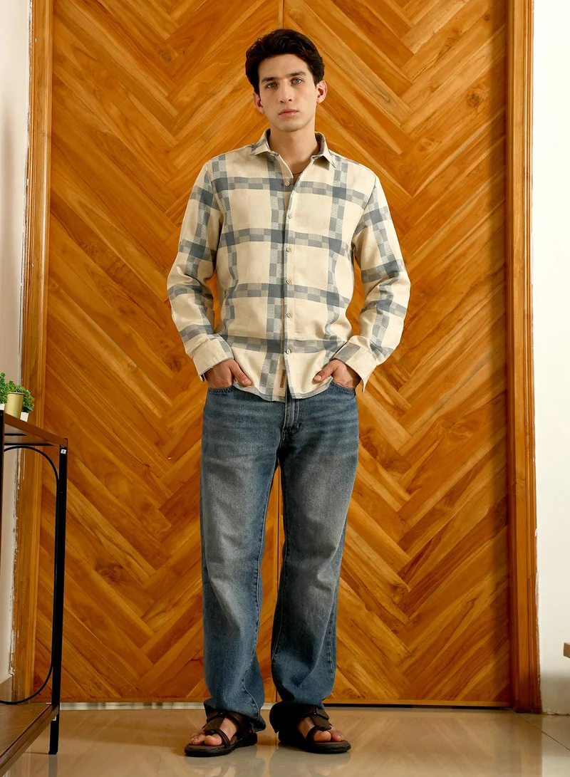Campus Sutra Men's Beige And Blue Checkered Cotton Blend Full Sleeve Shirt