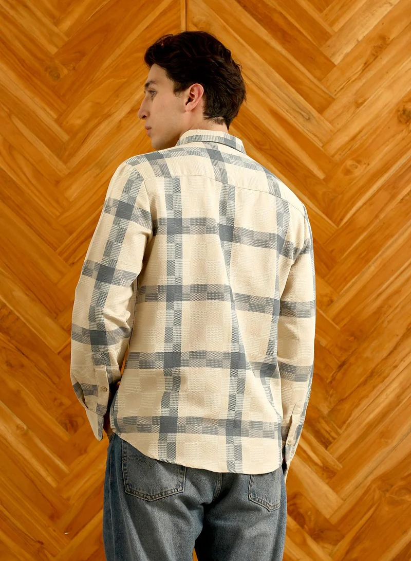 Campus Sutra Men's Beige And Blue Checkered Cotton Blend Full Sleeve Shirt