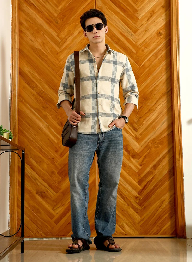 Campus Sutra Men's Beige And Blue Checkered Cotton Blend Full Sleeve Shirt
