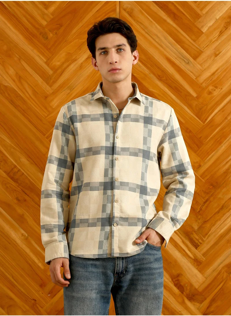 كامبوس سوترا Men's Beige And Blue Checkered Cotton Blend Full Sleeve Shirt