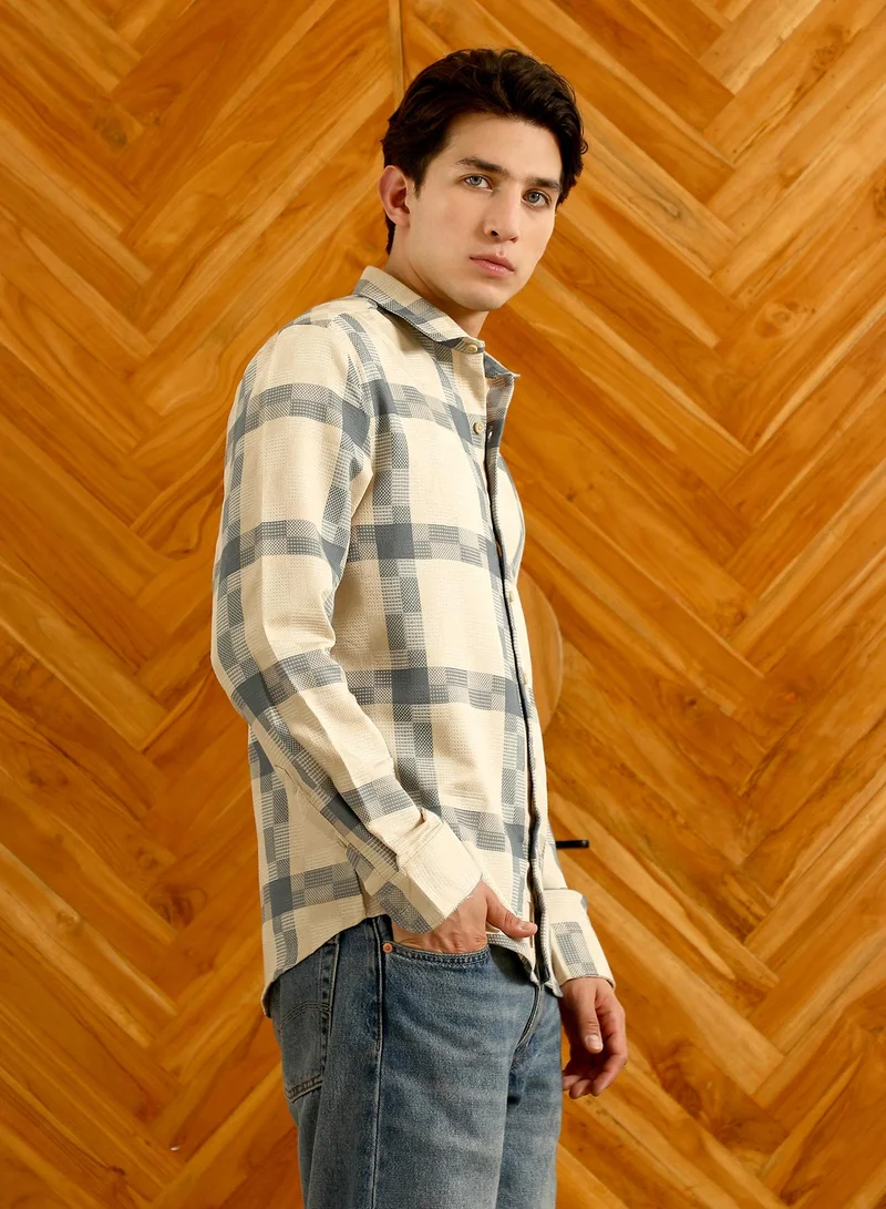 Campus Sutra Men's Beige And Blue Checkered Cotton Blend Full Sleeve Shirt