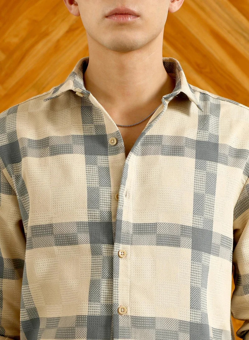 Campus Sutra Men's Beige And Blue Checkered Cotton Blend Full Sleeve Shirt