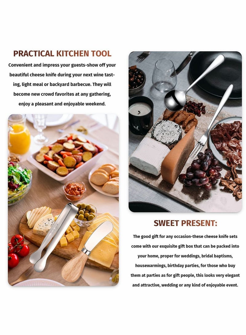 Cheese er Spreader Knives Set Stainless Steel Slicer with Wooden Handles Mini Serving Tongs Spoons and Forks for er, Pastry Making (Silver,14 Pieces) - Image 3