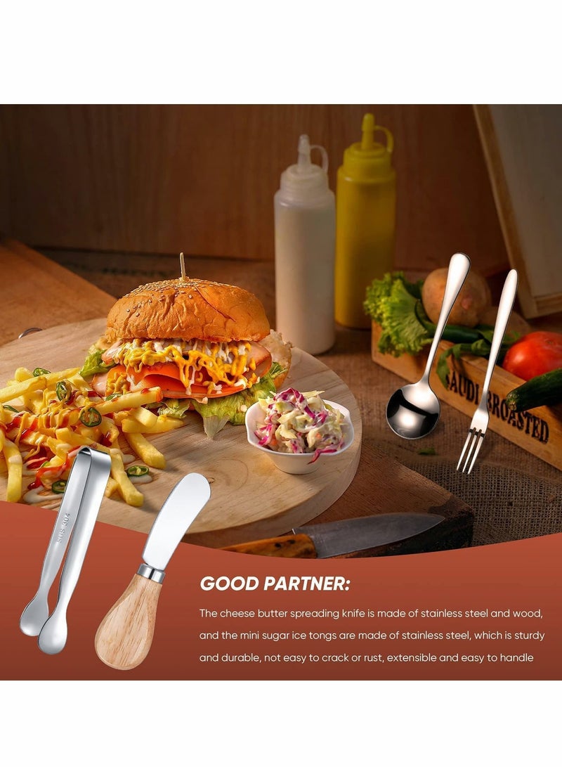 Cheese er Spreader Knives Set Stainless Steel Slicer with Wooden Handles Mini Serving Tongs Spoons and Forks for er, Pastry Making (Silver,14 Pieces) - Image 2