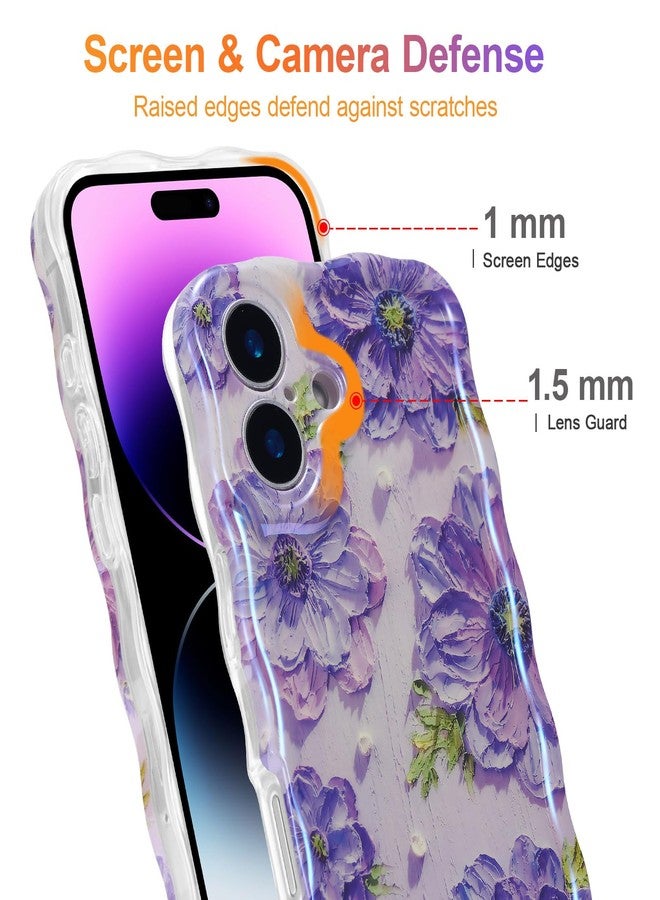 EYZUTAK جراب EYZUTAK لهاتف iPhone 17، بنمط زهور مطبوع عليه لوحة زيتية ملونة بتصميم ريترو لامع، وحواف مموجة لطيفة، غطاء هاتف أنيق ومتين من مادة TPU، مناسب للفتيات والسيدات - بنفسجي - Image 4
