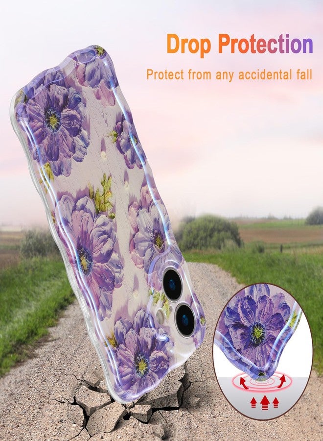 EYZUTAK جراب EYZUTAK لهاتف iPhone 17، بنمط زهور مطبوع عليه لوحة زيتية ملونة بتصميم ريترو لامع، وحواف مموجة لطيفة، غطاء هاتف أنيق ومتين من مادة TPU، مناسب للفتيات والسيدات - بنفسجي - Image 3