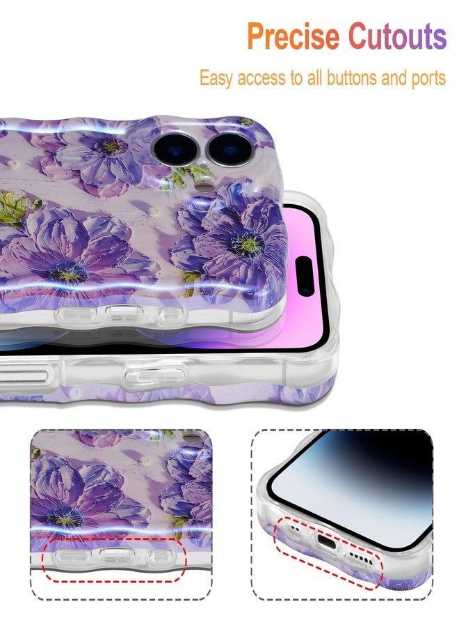 EYZUTAK جراب EYZUTAK لهاتف iPhone 17، بنمط زهور مطبوع عليه لوحة زيتية ملونة بتصميم ريترو لامع، وحواف مموجة لطيفة، غطاء هاتف أنيق ومتين من مادة TPU، مناسب للفتيات والسيدات - بنفسجي - Image 5