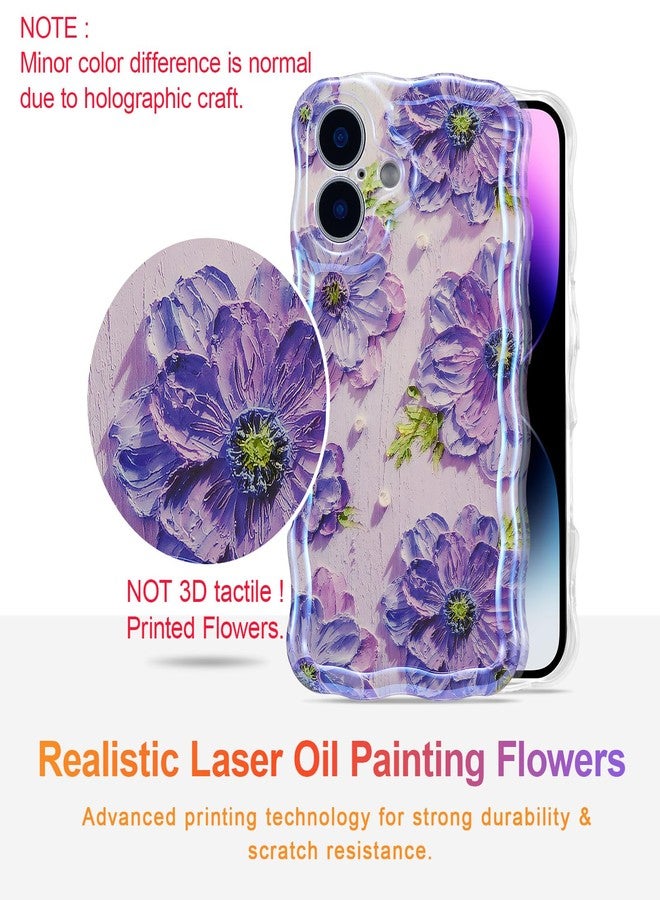 EYZUTAK جراب EYZUTAK لهاتف iPhone 17، بنمط زهور مطبوع عليه لوحة زيتية ملونة بتصميم ريترو لامع، وحواف مموجة لطيفة، غطاء هاتف أنيق ومتين من مادة TPU، مناسب للفتيات والسيدات - بنفسجي - Image 2