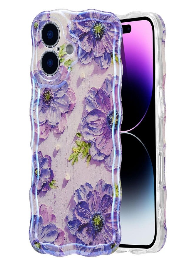 EYZUTAK جراب EYZUTAK لهاتف iPhone 17، بنمط زهور مطبوع عليه لوحة زيتية ملونة بتصميم ريترو لامع، وحواف مموجة لطيفة، غطاء هاتف أنيق ومتين من مادة TPU، مناسب للفتيات والسيدات - بنفسجي - Image 1
