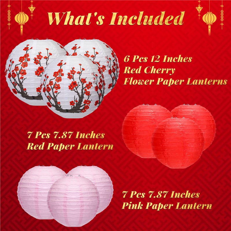 Mudder 20 Pieces Chinese Japanese Paper Lanterns Chinese New Year Decorations Includes Cherry Paper Lanterns for Hibachi Party Restaurant Wedding Decor(Red White and Pink,Modern Style) - Image 3