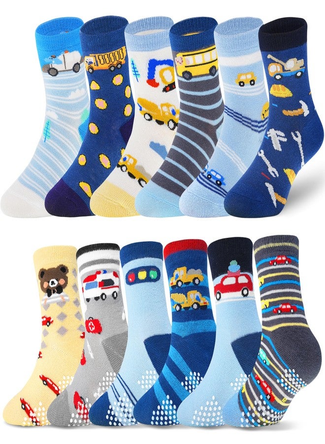 ANTSANG Toddlers Boys Girls Grip Socks Baby Kids Non Slip Anti Skid Fun Sweet Car Dinosaur Crew Cotton Gift Socks 12 Pairs(Blue Car Series B,3-5T) - Image 1