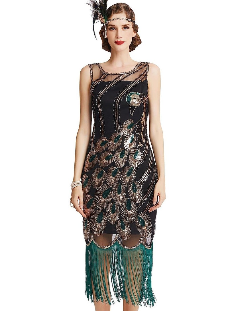 Bluejw Great Gatsby 1920's Vintage Peacock Sequin Fringed Party Sleeveless Flapper Dress with Scoop Neck, Green/M - Image 1