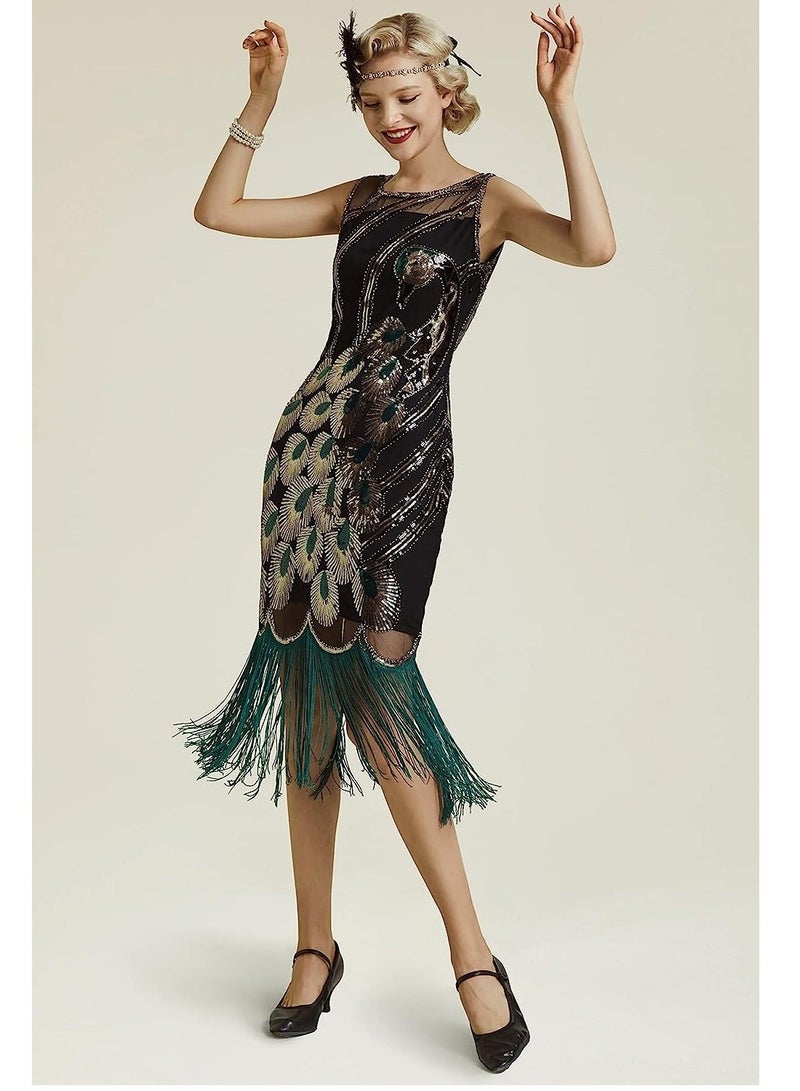 Bluejw Great Gatsby 1920's Vintage Peacock Sequin Fringed Party Sleeveless Flapper Dress with Scoop Neck, Green/M - Image 2