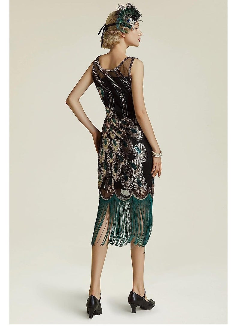 Bluejw Great Gatsby 1920's Vintage Peacock Sequin Fringed Party Sleeveless Flapper Dress with Scoop Neck, Green/M - Image 3