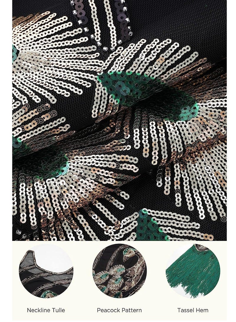 Bluejw Great Gatsby 1920's Vintage Peacock Sequin Fringed Party Sleeveless Flapper Dress with Scoop Neck, Green/M - Image 4