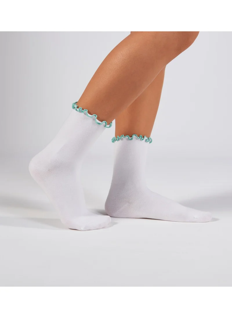 Forwena Water Green Frilly White Modal Elastic Seamless Women's Sock Socks