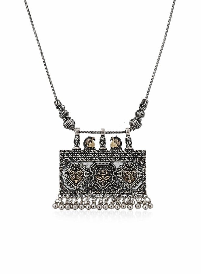 Oxidised Dual Tone Square Tribal Pendant Necklace for Women | Antique Boho Charm with Dangling Drops | Pure Brass Lightweight Ethnic Chain Necklace
