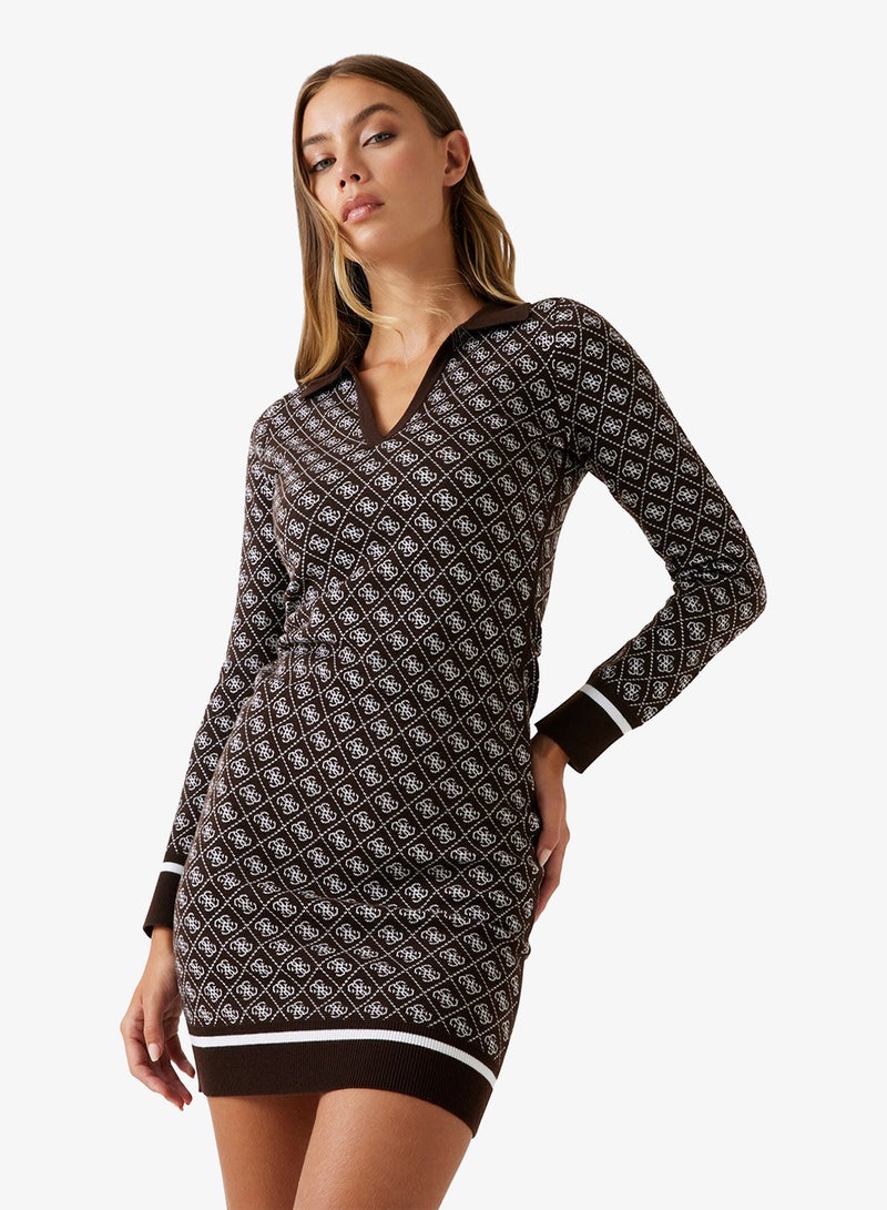 GUESS Long Sleeve  Polo Aubrey 4G Sweater Midi Dress - Image 1