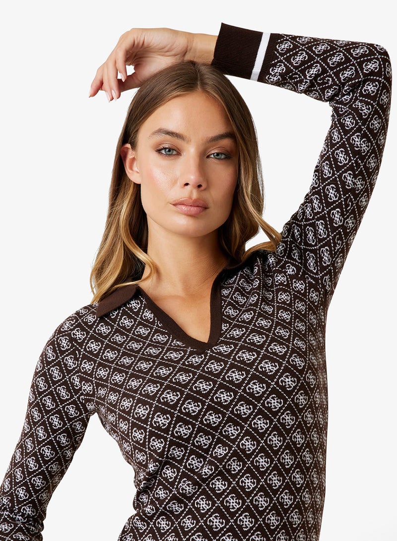 GUESS Long Sleeve  Polo Aubrey 4G Sweater Midi Dress - Image 3