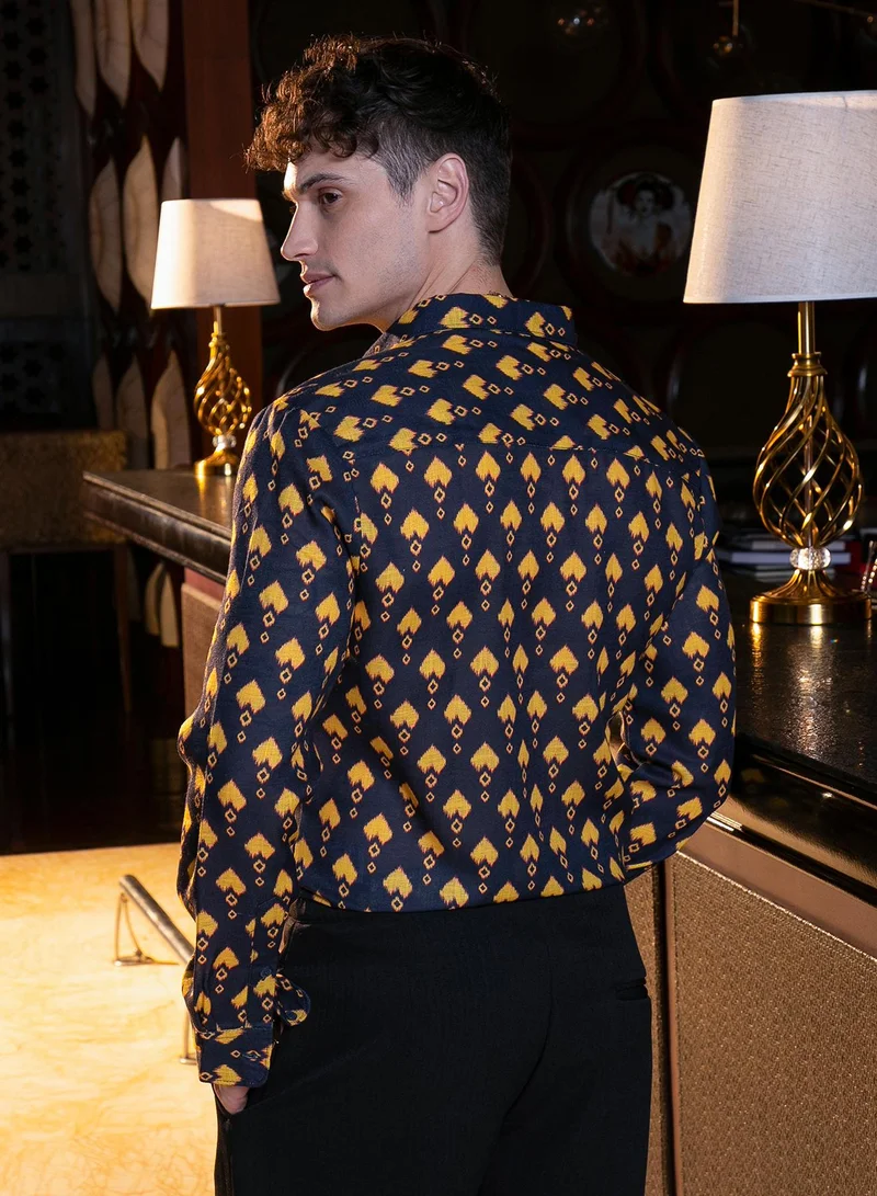 Campus Sutra Men's Obsidian Black & Sunflower Yellow Indie Block-Print Shirt
