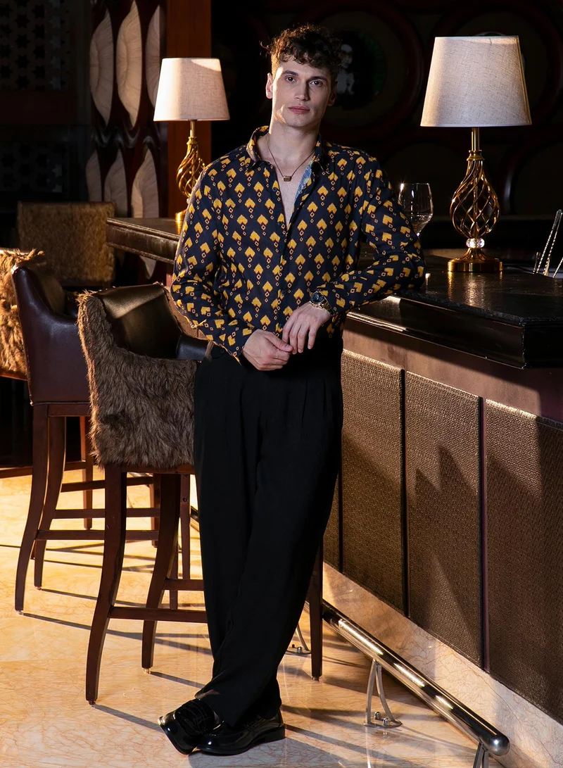 Campus Sutra Men's Obsidian Black & Sunflower Yellow Indie Block-Print Shirt