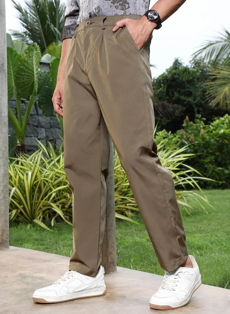 Campus Sutra  Men Solid Pleated Tailored Trousers | Relaxed Fit Woven Design With Plain Surface Styling | Durable Polyester Fabric For Everyday Casual Comfort & Versatile Wear | Olive Green for Men | Best Price UAE