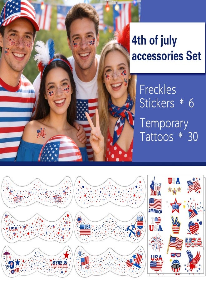 Itscolofy 4th of July Glitter Freckle Tattoos, Patriotic Temporary Tattoos Stickers, 4th of July Accessories for Women, Red White and Blue USA Flag Star Freckles for Independence Day 250th Party 36PCS - Image 3