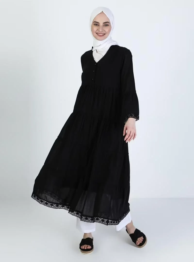 Eliş Şile Bezi Tiered Black Dress