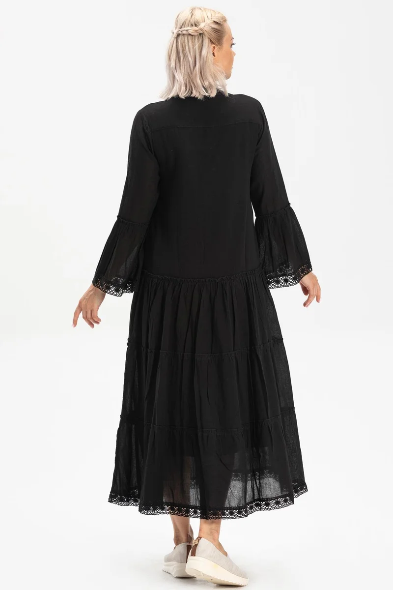 Eliş Şile Bezi Tiered Black Dress