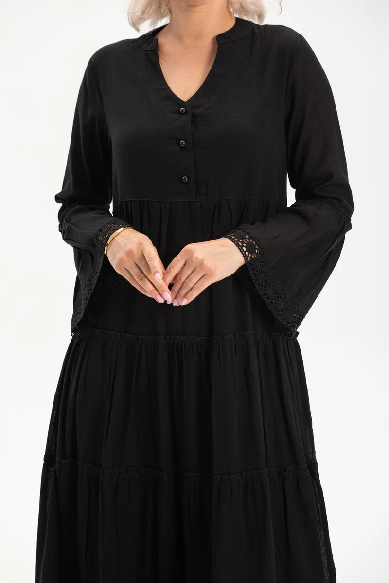 Eliş Şile Bezi Tiered Black Dress