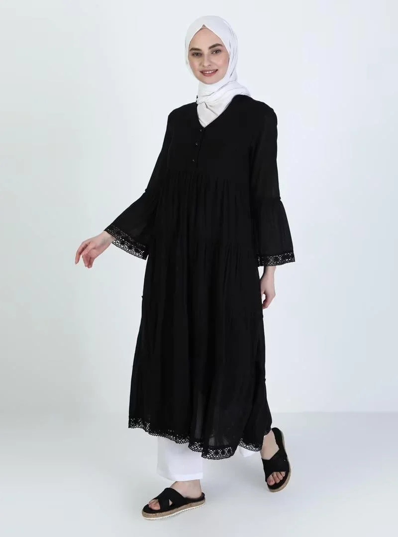Eliş Şile Bezi Tiered Black Dress