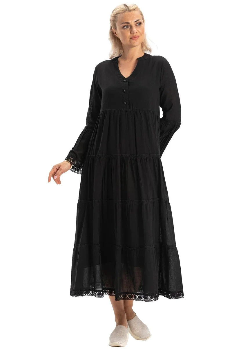 Eliş Şile Bezi Tiered Black Dress