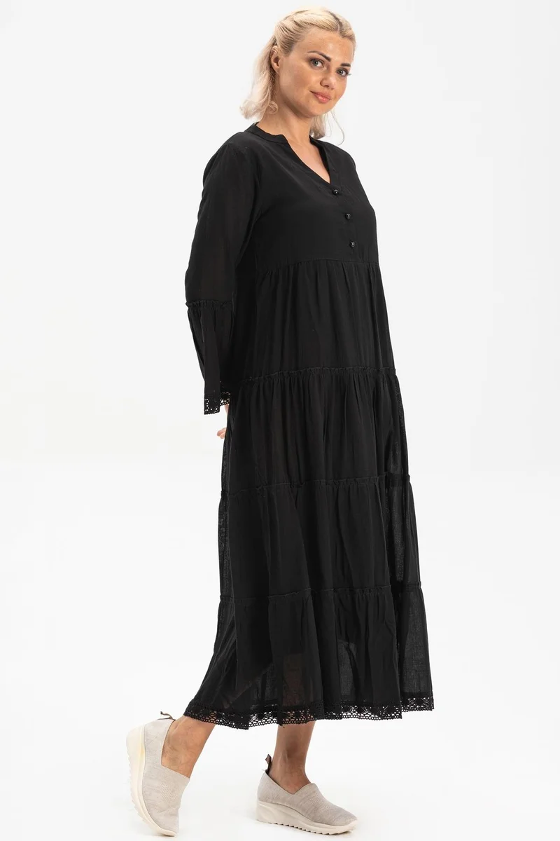 Eliş Şile Bezi Tiered Black Dress