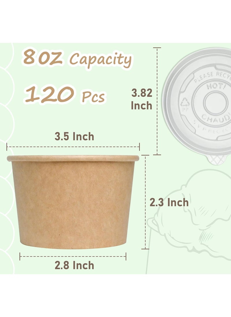Essential ESSENTIAL Paper Ice Cream Cups with Lids 120pcs 8oz Disposable Dessert Bowls with Lids for Hot or Cold Food Paper Snack Containers for Sundae Frozen Yogurt Soup Brown  - Image 2