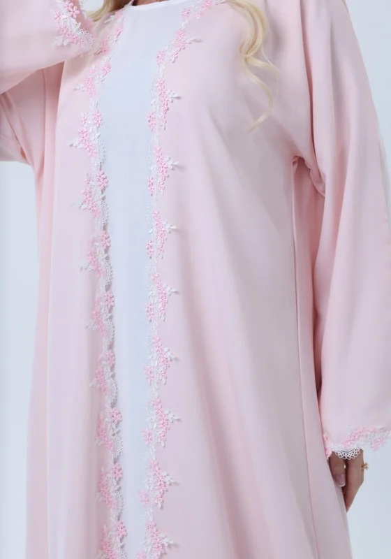 MSquare Fashion Elegant Pink Lace Abaya with Matching Sheila - Lightweight Nida