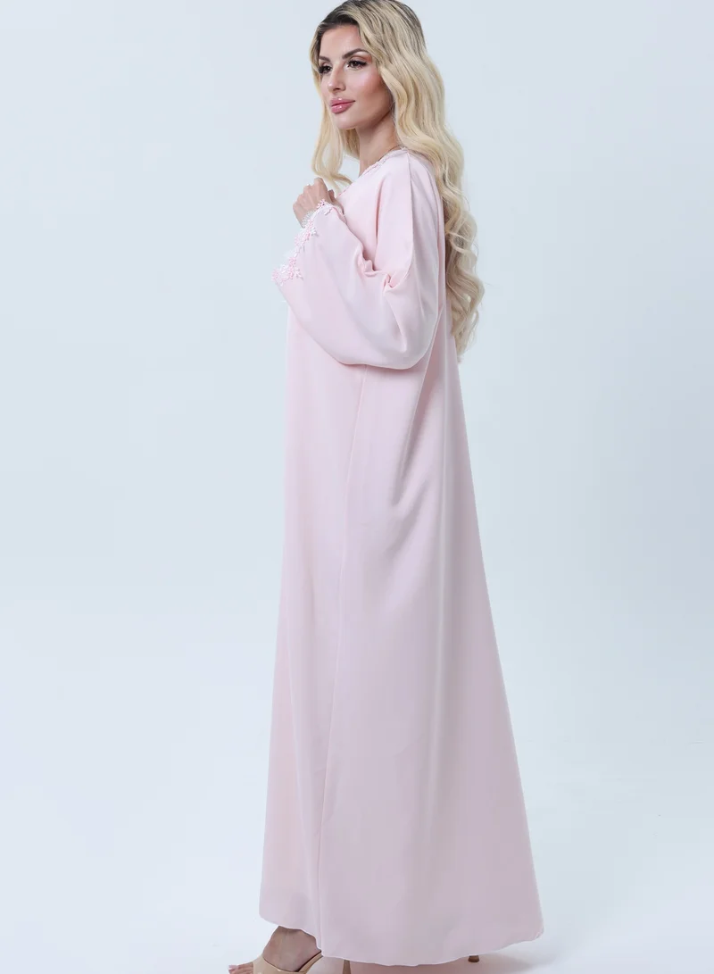 MSquare Fashion Elegant Pink Lace Abaya with Matching Sheila - Lightweight Nida