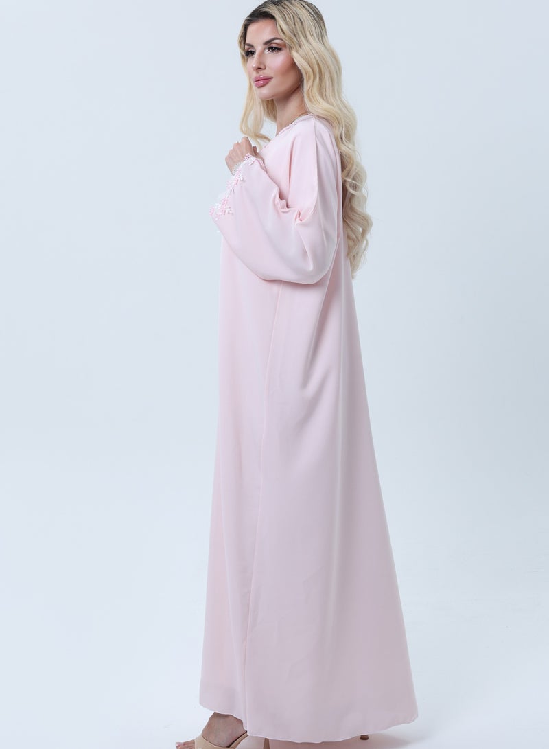 أم سكوير فاشن عباية وردية أنيقة بالدانتيل مع شيلة مطابقة - نيدا خفيفة - Image 2