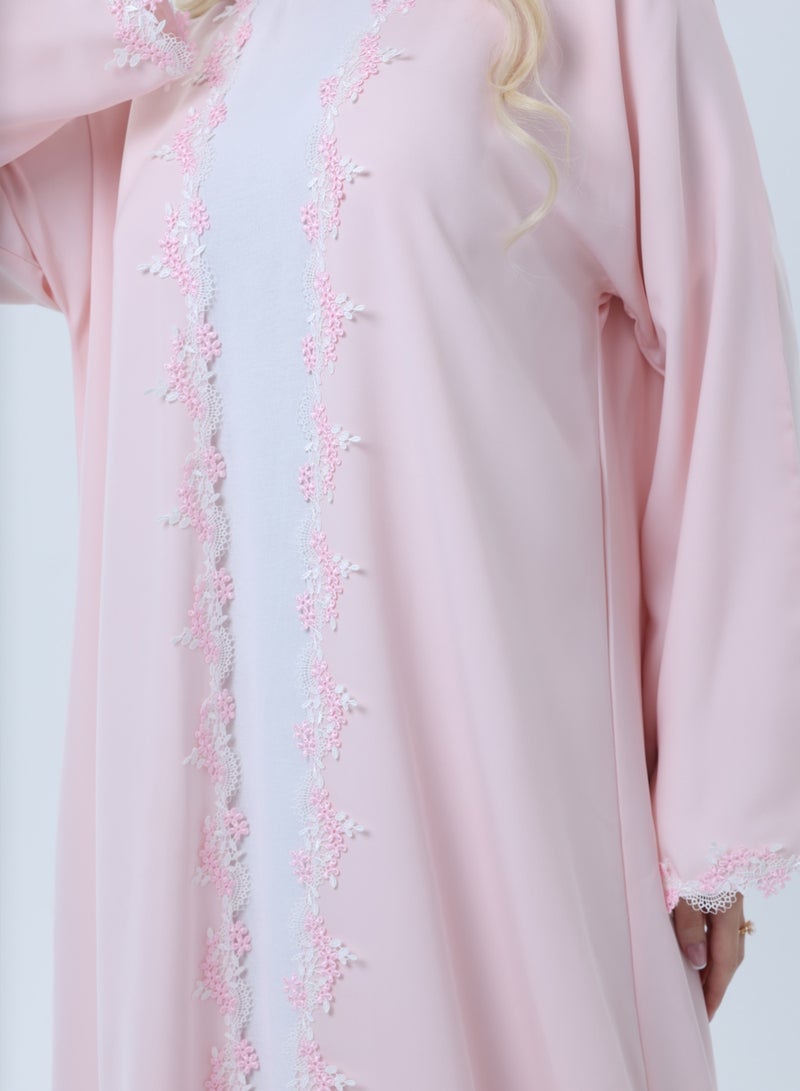 أم سكوير فاشن عباية وردية أنيقة بالدانتيل مع شيلة مطابقة - نيدا خفيفة - Image 3