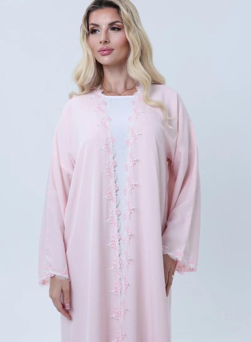 MSquare Fashion  Elegant Pink Lace Abaya with Matching Sheila - Lightweight Nida for Women | Best Price UAE