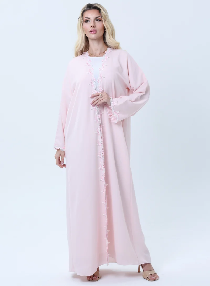 Elegant Pink Lace Abaya with Matching Sheila - Lightweight Nida