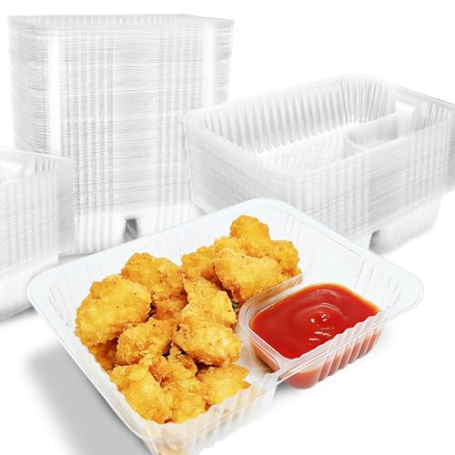 Pesilo 200 PCS Nacho Trays Disposable, 12 oz Plastic Nachos Containers with Chip and Dip Holder, 2 Compartments Clear Snack Tray for Movie Night Party Concession Stand Supplies - Image 1