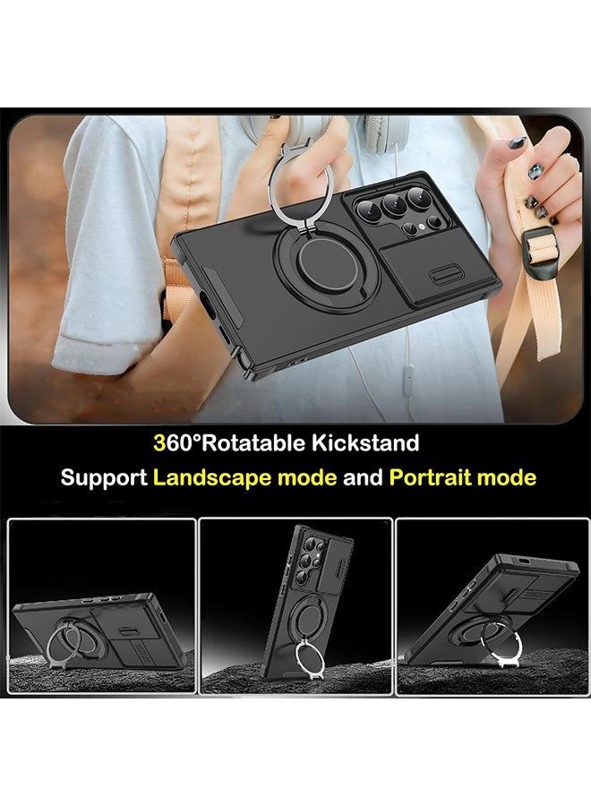 أوشن لسامسونج جالاكسي S24 حقيبة فائقة السرعة مزودة بغطاء كاميرا منزلق و 360° حامل مرجل دائري دائري، حقيبة هاتف الحماية الكاملة من الصدمات لمجرة S24 الترا 5 جي (أسود) - Image 2