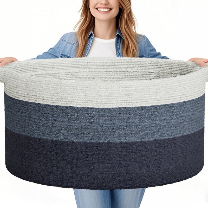 GOPAS 125L Extra Large Blanket Basket, 25" x 16", Jumbo Laundry Woven Cotton Rope Basket with Handles, Baby Toy Storage, Gradual Blue - Image 1