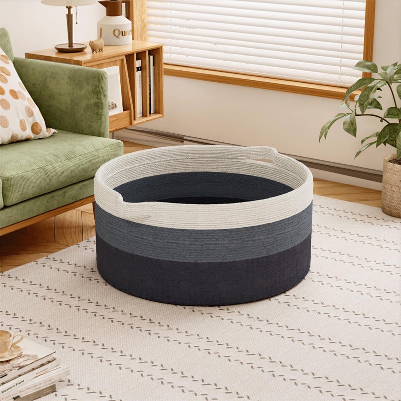 GOPAS 125L Extra Large Blanket Basket, 25" x 16", Jumbo Laundry Woven Cotton Rope Basket with Handles, Baby Toy Storage, Gradual Blue - Image 2