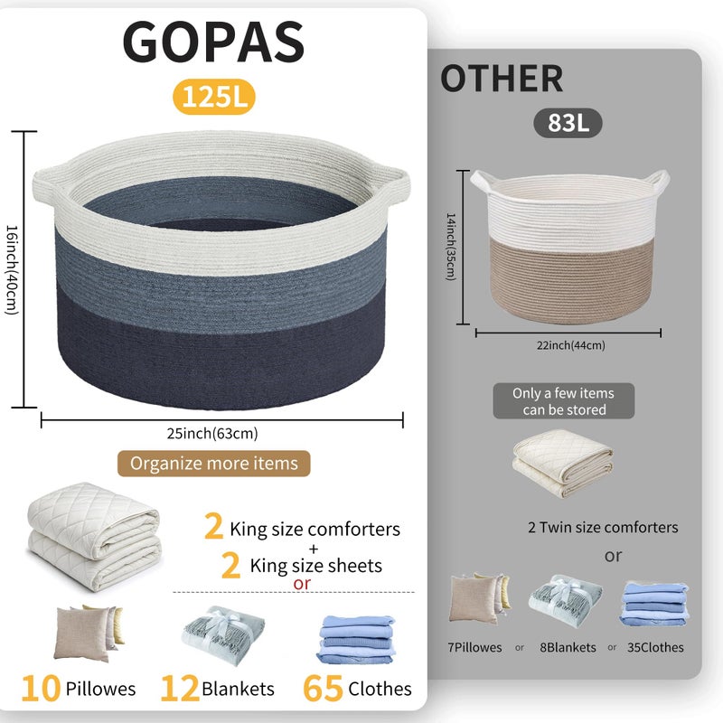 GOPAS 125L Extra Large Blanket Basket, 25" x 16", Jumbo Laundry Woven Cotton Rope Basket with Handles, Baby Toy Storage, Gradual Blue - Image 3
