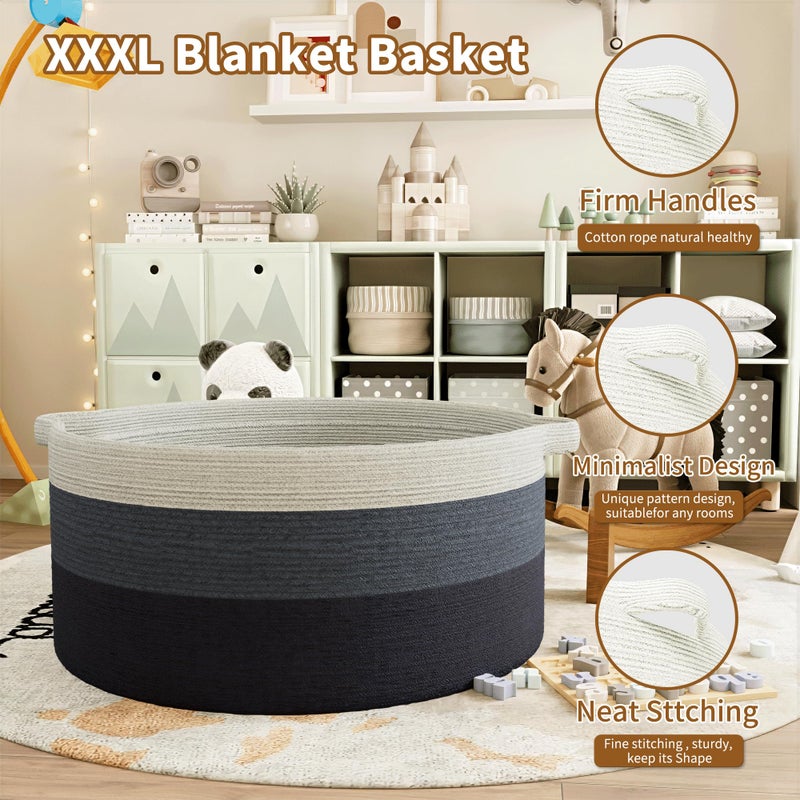 GOPAS 125L Extra Large Blanket Basket, 25" x 16", Jumbo Laundry Woven Cotton Rope Basket with Handles, Baby Toy Storage, Gradual Blue - Image 5