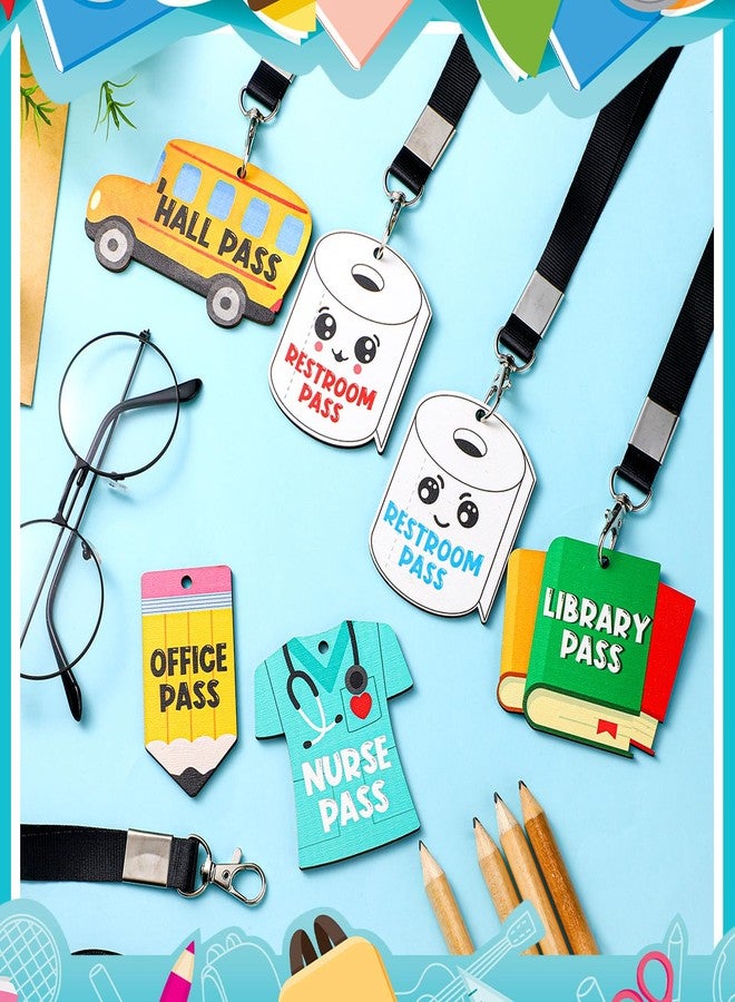Sabary 6 Sets Hall Pass Lanyards and School Passes Set Unbreakable Wooden Bathroom Passes for Classrooms Hall, Restroom, Library, Office and Nurse School Teacher Supplies Gift (Cute Style) - Image 4