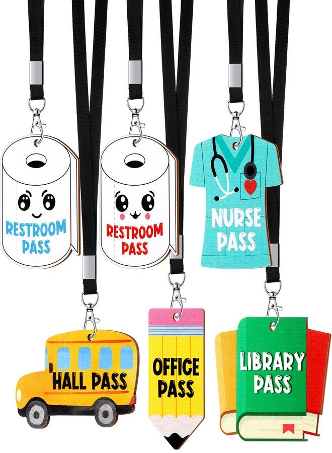 Sabary 6 Sets Hall Pass Lanyards and School Passes Set Unbreakable Wooden Bathroom Passes for Classrooms Hall, Restroom, Library, Office and Nurse School Teacher Supplies Gift (Cute Style) - Image 1